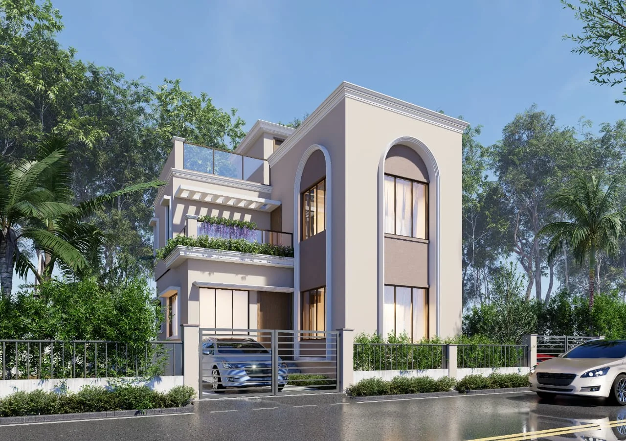 Aurovill Bungalows exterior with arched windows and landscaped frontage
